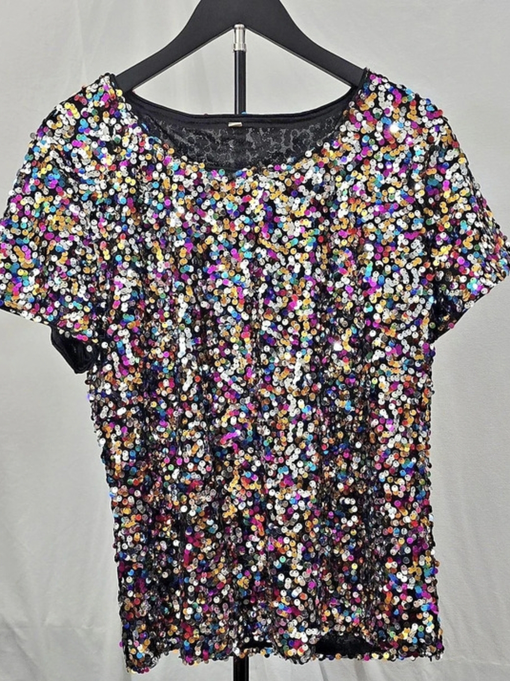 Sequin Short Sleeve Top in Black & Multicolor XL Like New ‌